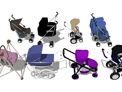 Various Colorful Baby Strollers with Different Designs and Wheel Styles 3d model