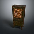 Vintage Green Cabinet With Woven Lattice Door Drawer And Slender Legs