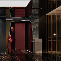 Japanese Restaurant Open Kitchen With Marble Bar Wine Rack Red Sculpture Black Tiles Large Windows