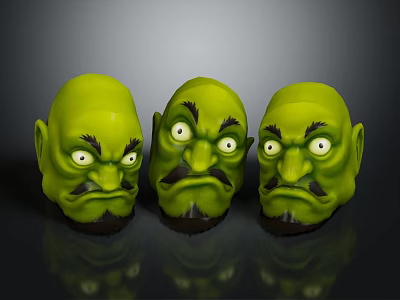 Three Green Character Heads Featuring Yellow Eyes Black Eyebrows And Beards 3d model