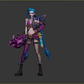 Detailed Colorful 3D Female Character With Blue Hair Purple Pink Outfit And Mechanical Weapon