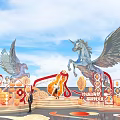 Art Installation Featuring Pegasus Statues With Large Wings Decorative Steps And Traditional Lanterns