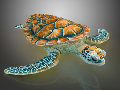 Realistic Vibrant Sea Turtle With Colorful Shell And Patterned Flippers On Gray Background 3d model