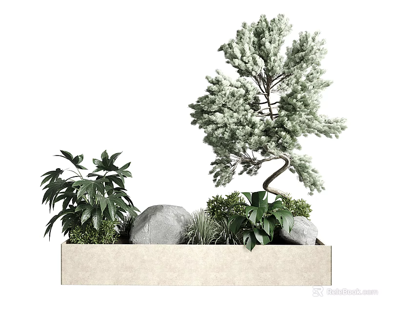 Decorative Bonsai Plant Display With Other Greenery And Stones In Light Colored Rectangular Pot 3d model 