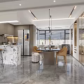 Modern Living Dining Room Interior With TV Wall Marble Elements And Floor to Ceiling Windows