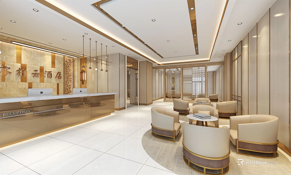 Elegant Modern Hotel Lobby Interior Design With Reception Desk Comfortable Sofas And Chandeliers 3d model