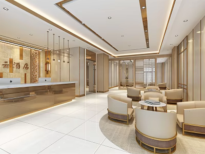 Elegant Modern Hotel Lobby Interior Design With Reception Desk Comfortable Sofas And Chandeliers 3d model