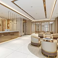 Elegant Modern Hotel Lobby Interior Design With Reception Desk Comfortable Sofas And Chandeliers 3d model