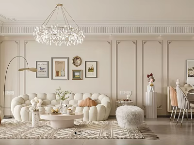 Cream Modern Living And Dining Room With Crystal Chandelier Cream Sofa And Dining Chairs 3d model