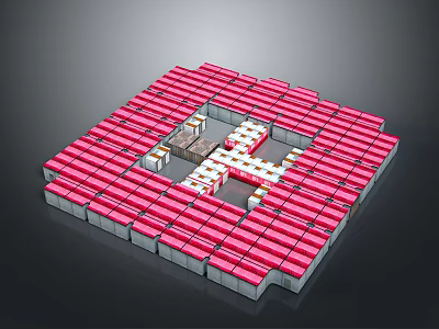 Modular Building Structure With Red And White Square Layout Central Cross Design 3d model