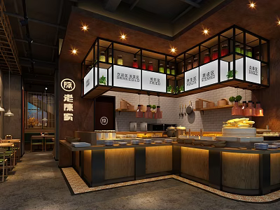Modern Restaurant Interior With Open Bar Wooden Counter Food Display And Decor 3d model