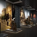 Cultural Center Interior Exhibition With Vintage Building Murals and Traditional Figure Sculptures in Display Area