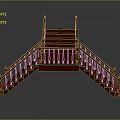 Traditional Red Wooden Staircase Structure With Symmetrical Steps And Decorative Handrails