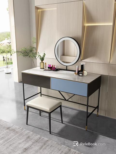 Modern Dressing Table With Round Mirror Marble Countertop Cosmetics And Beige Stool 3d model 