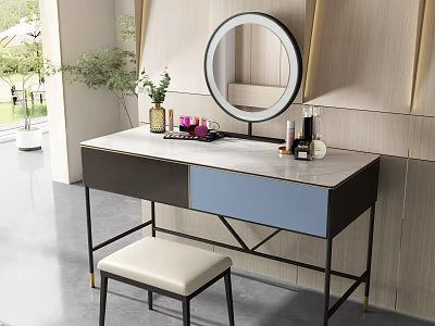 Modern Dressing Table With Round Mirror Marble Countertop Cosmetics And Beige Stool 3d model