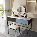 Modern Dressing Table With Round Mirror Marble Countertop Cosmetics And Beige Stool 3d model