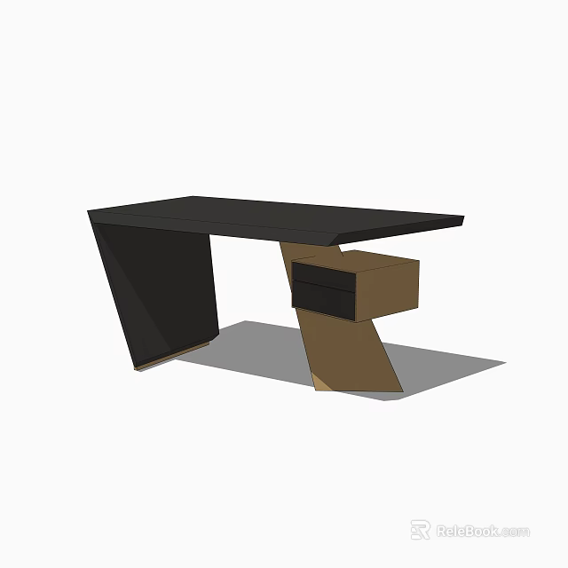 Modern Sleek Desk With Black Tabletop And Geometric Brown Base Design 3d model
