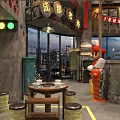 Fun Mario Themed Restaurant Interior With Question Mark Block Neon Signs And City Night View