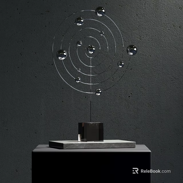 Modern Decorative Ornament Set With Transparent Spheres And Metal Orbits On Marble Base 3d model 