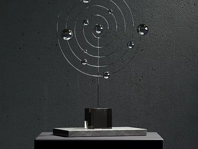 Modern Decorative Ornament Set With Transparent Spheres And Metal Orbits On Marble Base 3d model