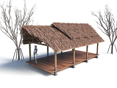 Traditional Landscape Pavilion With Thatched Roof Wooden Floor And Surrounding Trees 3d model