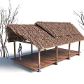 Traditional Landscape Pavilion With Thatched Roof Wooden Floor And Surrounding Trees