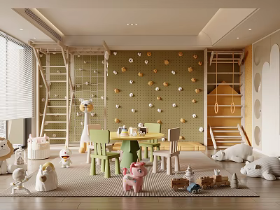 Kids Playroom With Climbing Wall Play Structures And Stuffed Animals 3d model
