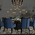 Modern Round Dining Table Set With Blue Chairs Chandelier And Elegant Wall Decor 3d model
