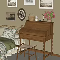 Antique Wooden Vanity With Wicker Basket Vase Pink Flowers Framed Pictures And Matching Stool