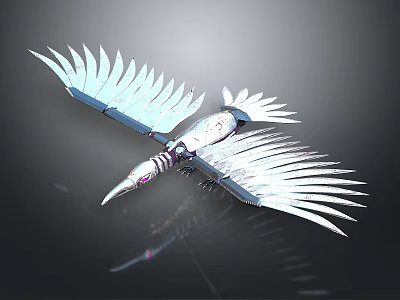 Mechanical Bird Flying With Silver Feather Like Wings And Mechanical Details On Black Background 3d model
