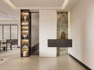 Modern Foyer Hallway Design With Marble Wall Storage Cabinet Shelves And Decorative Sculpture 3d model