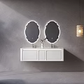 Modern Bathroom Interior With White Vanity Double Oval Mirrors Gray Wall And Hanging Lamp