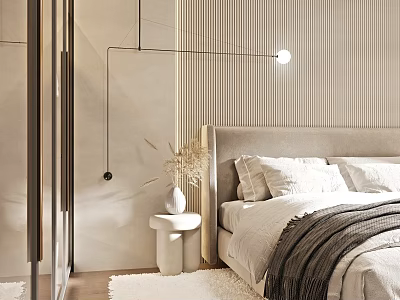Modern Minimalist Bedroom Interior Design With Striped Wall Pendant Light And Cozy Bedding 3d model