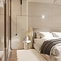 Modern Minimalist Bedroom Interior Design With Striped Wall Pendant Light And Cozy Bedding