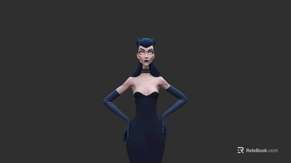 Elegant Woman In Navy Blue Strapless Dress With Long Gloves And Hands On Hips 3d model 