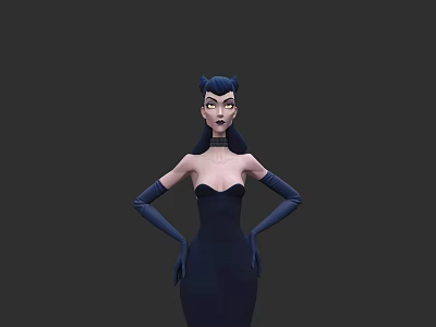 Elegant Woman In Navy Blue Strapless Dress With Long Gloves And Hands On Hips 3d model