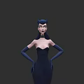 Elegant Woman In Navy Blue Strapless Dress With Long Gloves And Hands On Hips
