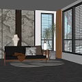 Black Leather Leisure Chair With Gray Brown Cushions Stone Wall Shutters And Green Plant