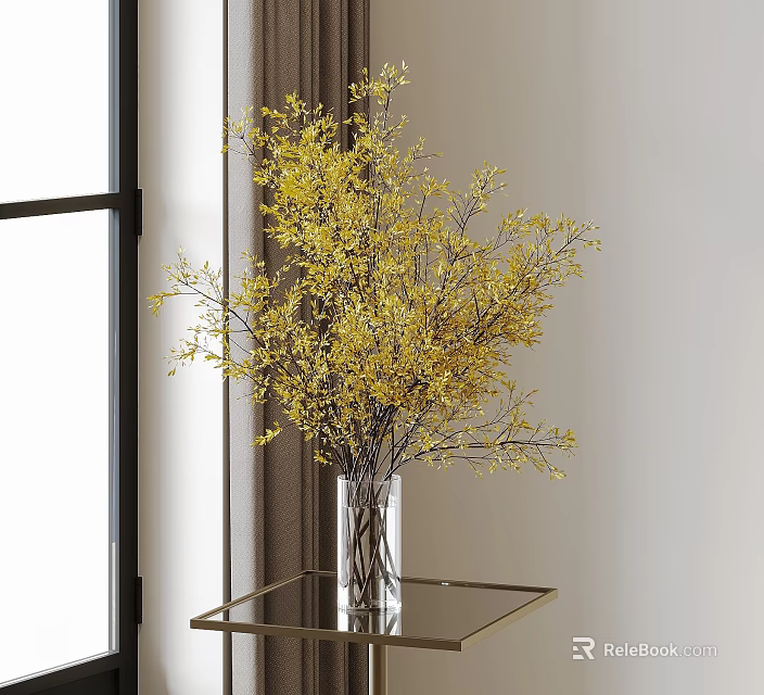 Yellow Flower Branches in Transparent Glass Vase on Glass Tabletop by Window with Curtain 3d model 