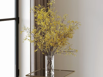 Yellow Flower Branches in Transparent Glass Vase on Glass Tabletop by Window with Curtain 3d model
