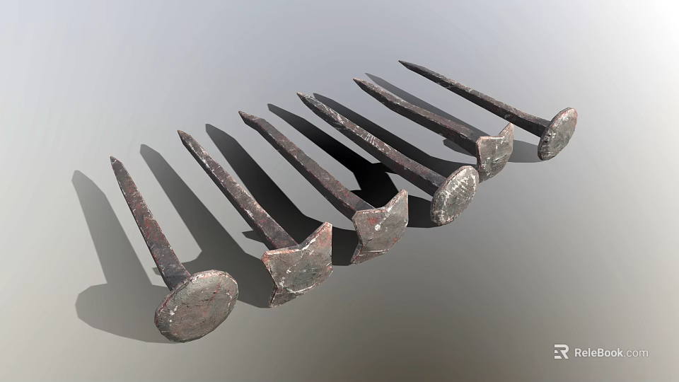 Rusty Old Iron Nails Arranged With Pointed Tips And Round Heads 3d model 