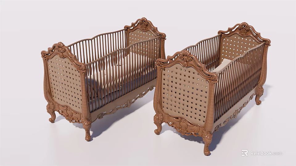 Two Classic Baby Cribs With Ornate Carvings And Rattan Side Panels 3d model 