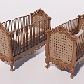 Two Classic Baby Cribs With Ornate Carvings And Rattan Side Panels
