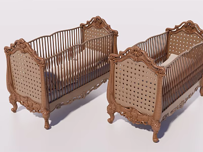 Two Classic Baby Cribs With Ornate Carvings And Rattan Side Panels 3d model
