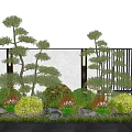 Garden Plant Combination With Decorative Trees Shrubs Flowers Stones White Wall And Black Screen
