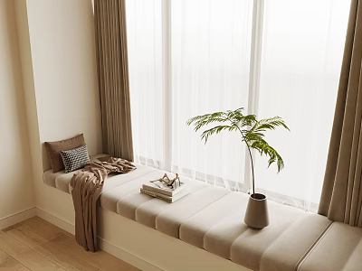 Cozy Bay Window With Cushioned Seat Blanket Pillow Books And Potted Plant 3d model