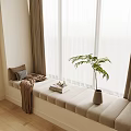 Cozy Bay Window With Cushioned Seat Blanket Pillow Books And Potted Plant