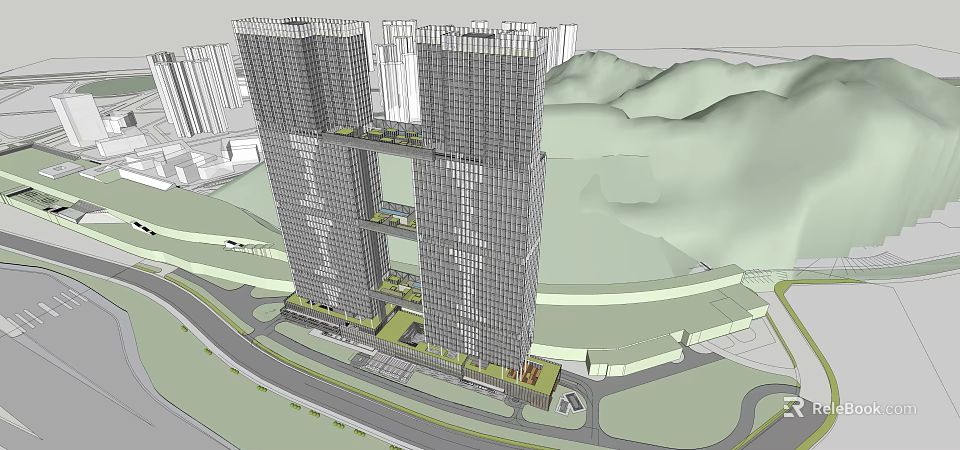 Modern High Rise Office Buildings With Glass Curtain Walls And Surrounding Green Areas 3d model 