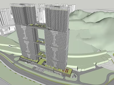 Modern High Rise Office Buildings With Glass Curtain Walls And Surrounding Green Areas 3d model