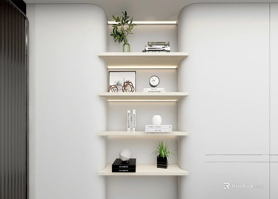 Modern Wall Mounted Shelf Design With Layered Storage Plants Books And LED Lights 3d model 